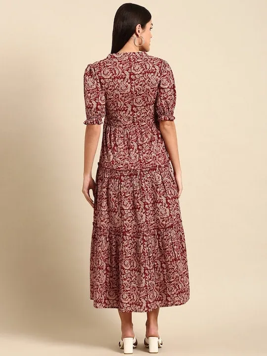 Maroon Floral Print Ethnic A-Line Pure Cotton Midi Dress