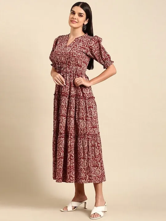 Maroon Floral Print Ethnic A-Line Pure Cotton Midi Dress