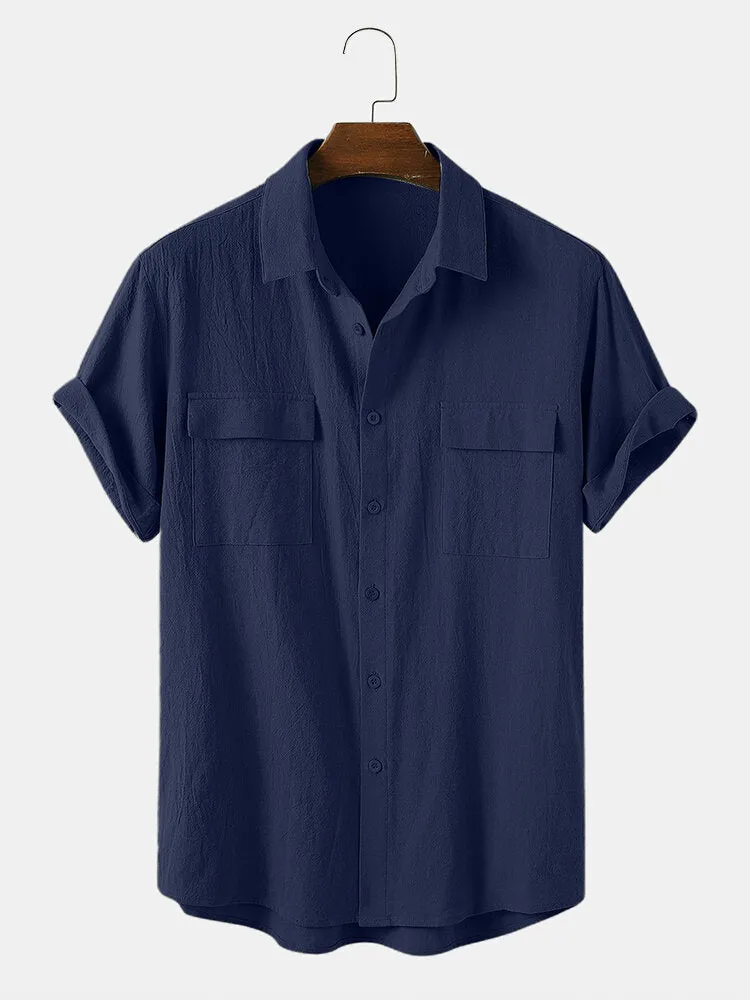 Men's Cotton Solid Color Double Pocket Casual Shirt