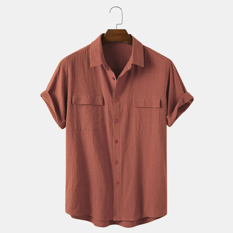 Men's Cotton Solid Color Double Pocket Casual Shirt