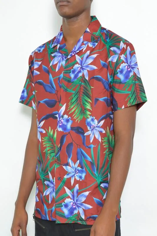 Men's Tropical Red Button Down Shirt Print