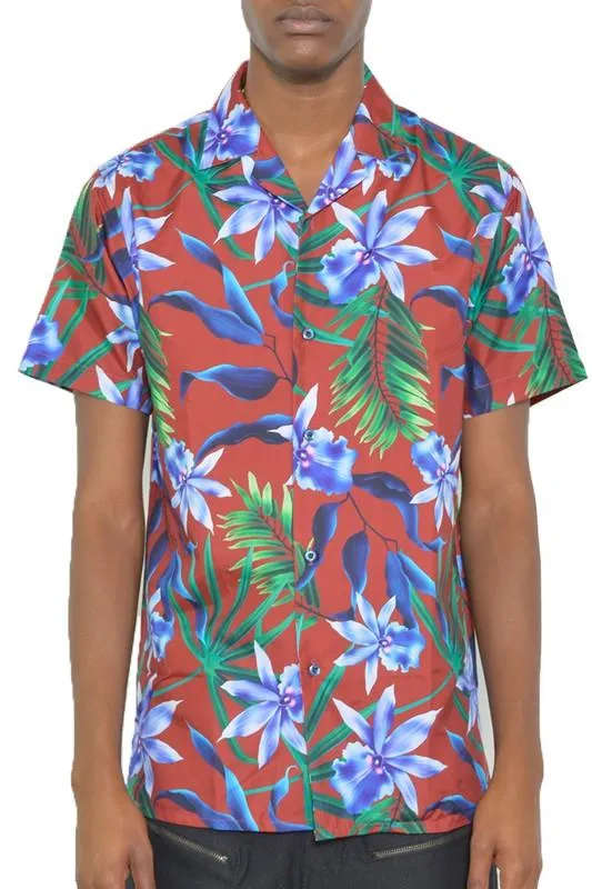 Men's Tropical Red Button Down Shirt Print