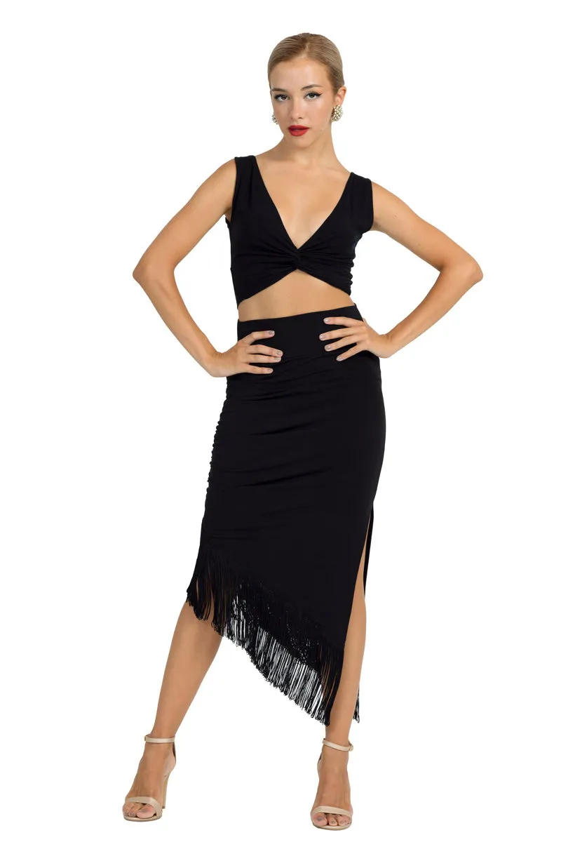 Midi Asymmetric Tango Skirt With Fringe