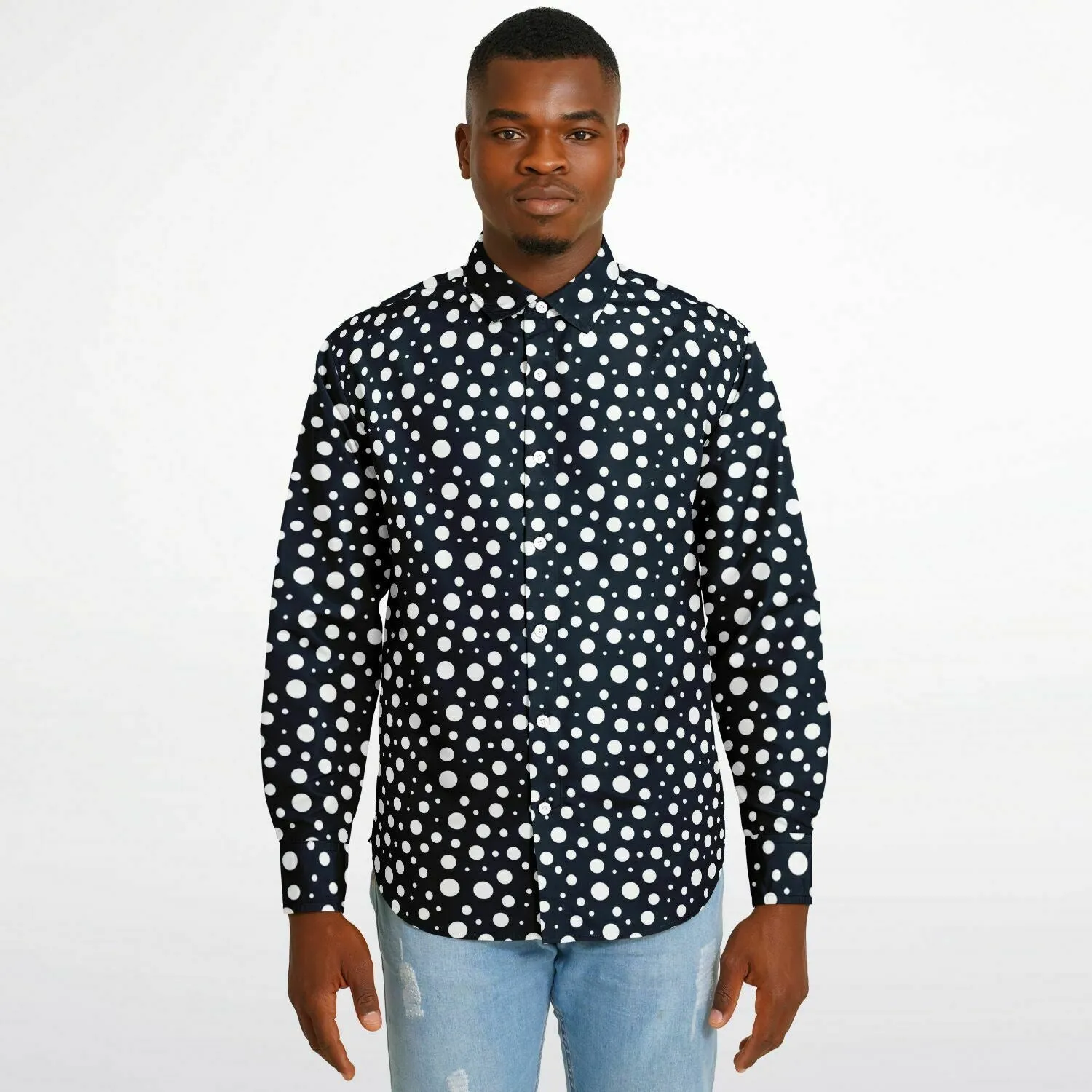 Navy Blue Polka Dots Long Sleeve Men Button Up Shirt, Dark Blue Guys Male Print Buttoned Down Collared Graphic Casual Dress Plus Size Shirt