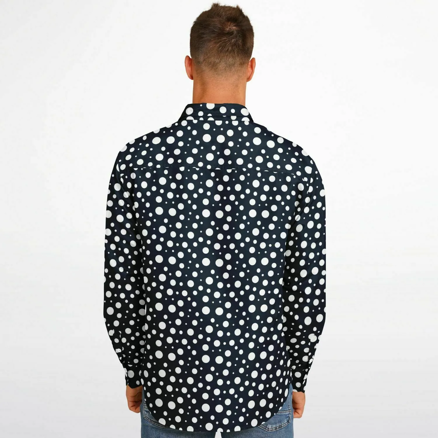 Navy Blue Polka Dots Long Sleeve Men Button Up Shirt, Dark Blue Guys Male Print Buttoned Down Collared Graphic Casual Dress Plus Size Shirt