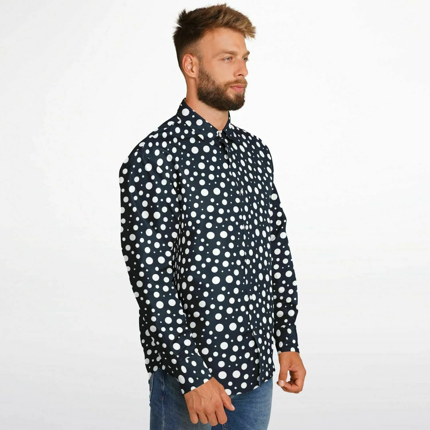 Navy Blue Polka Dots Long Sleeve Men Button Up Shirt, Dark Blue Guys Male Print Buttoned Down Collared Graphic Casual Dress Plus Size Shirt