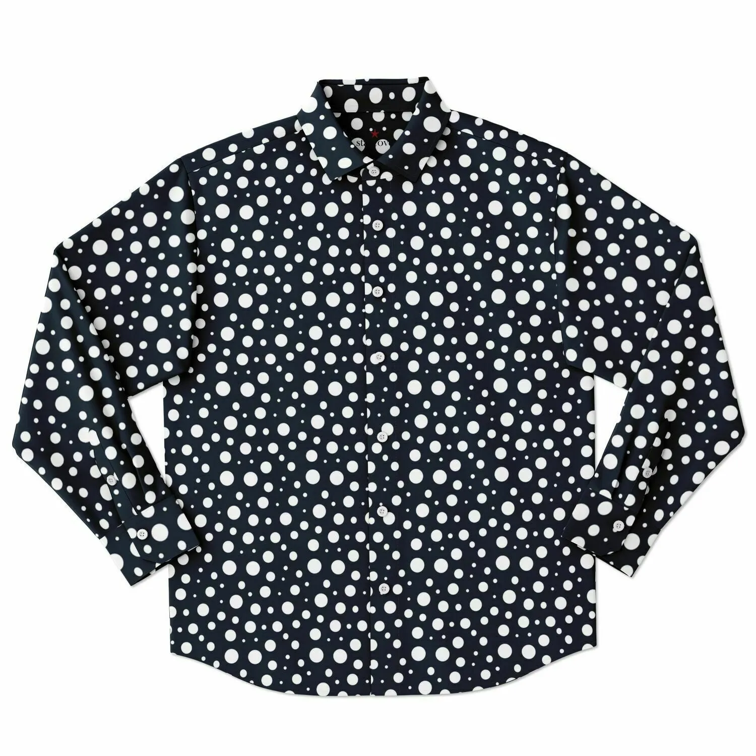 Navy Blue Polka Dots Long Sleeve Men Button Up Shirt, Dark Blue Guys Male Print Buttoned Down Collared Graphic Casual Dress Plus Size Shirt