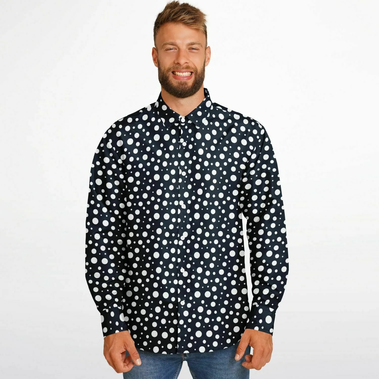 Navy Blue Polka Dots Long Sleeve Men Button Up Shirt, Dark Blue Guys Male Print Buttoned Down Collared Graphic Casual Dress Plus Size Shirt