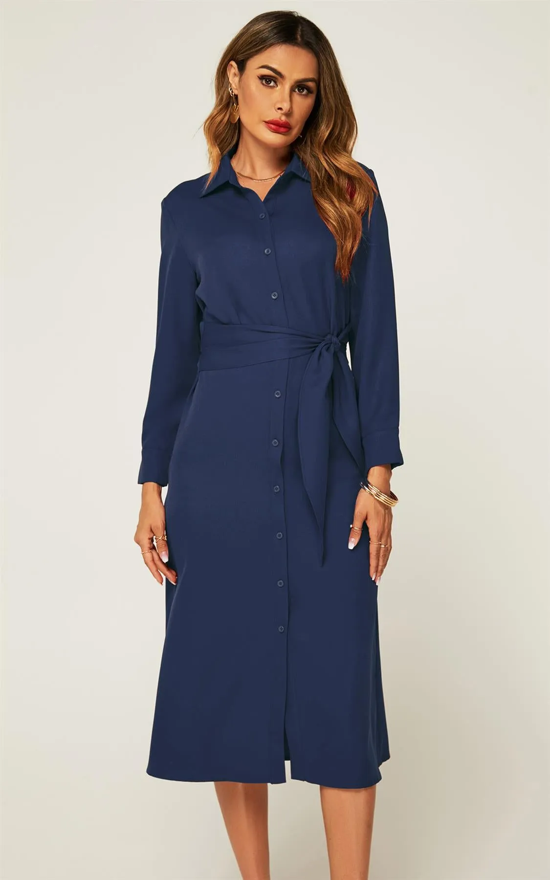 Navy Midi Shirt Dress With Tie Waist