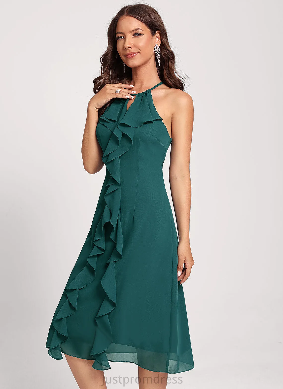 Neck Cheyanne Ruffles Chiffon Sleeveless Club Dresses Midi Dresses Cascading A-line Round