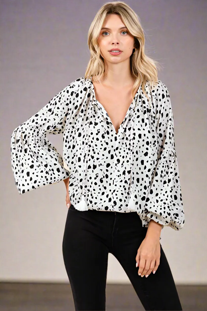 Oversized Dot Print Puff Long Sleeve Blouse Tops