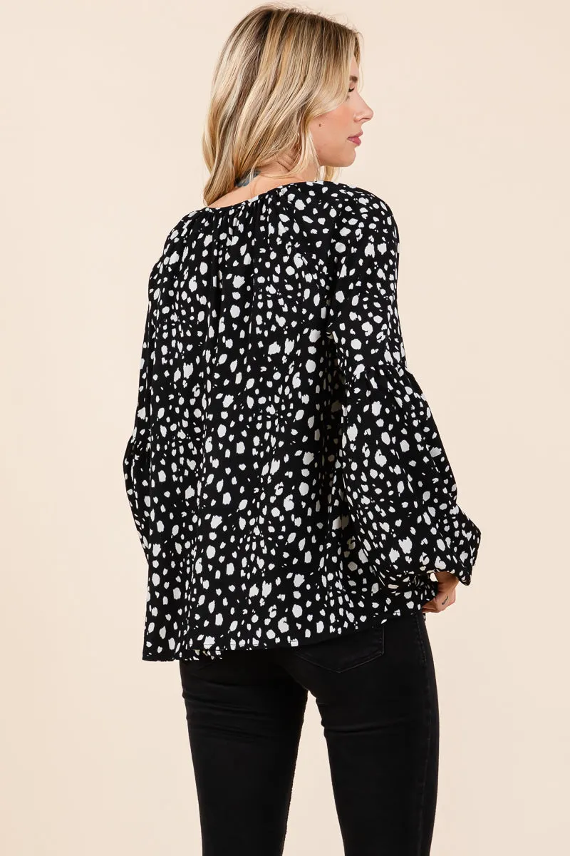 Oversized Dot Print Puff Long Sleeve Blouse Tops