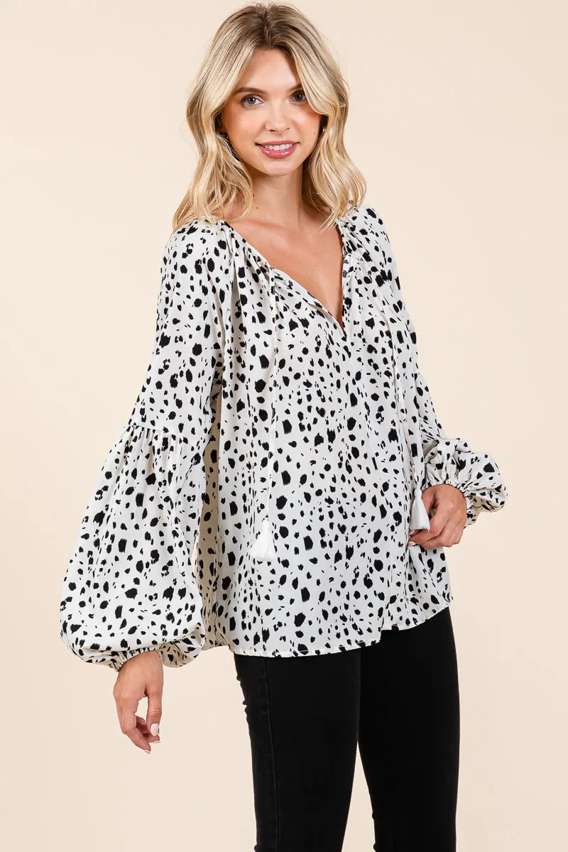 Oversized Dot Print Puff Long Sleeve Blouse Tops