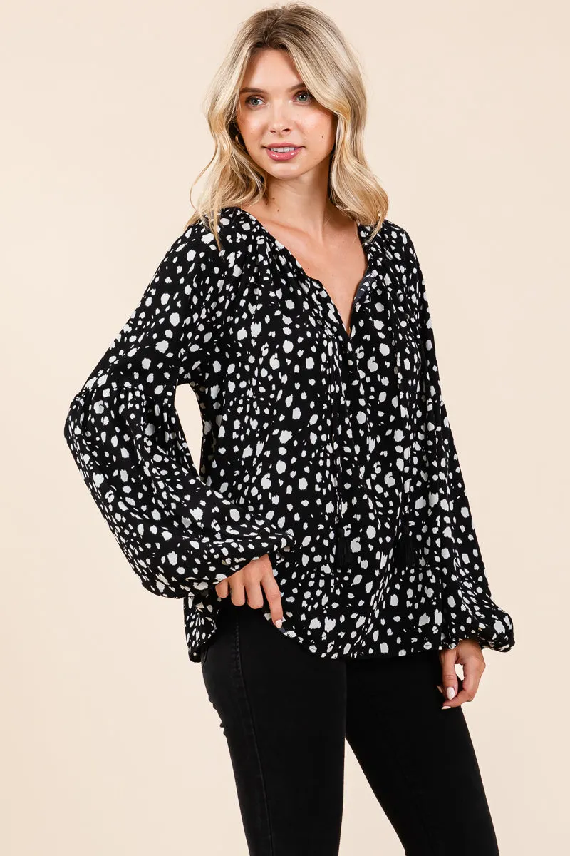 Oversized Dot Print Puff Long Sleeve Blouse Tops