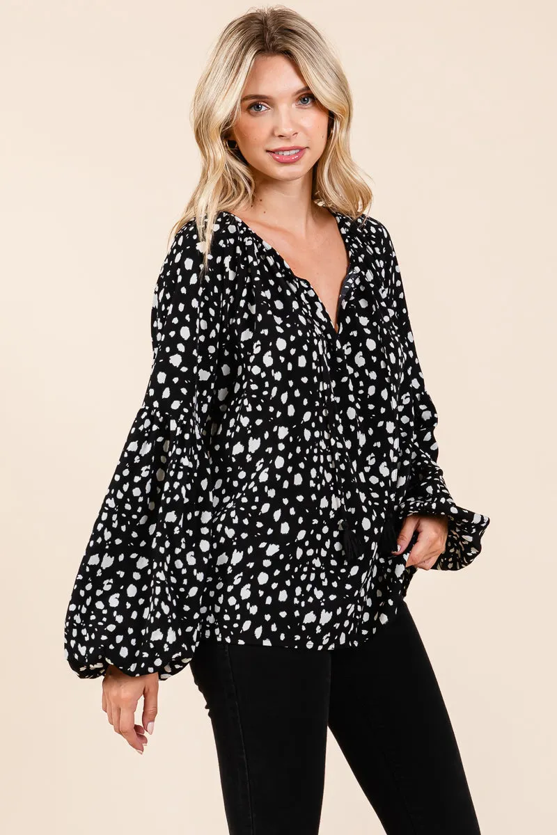 Oversized Dot Print Puff Long Sleeve Blouse Tops