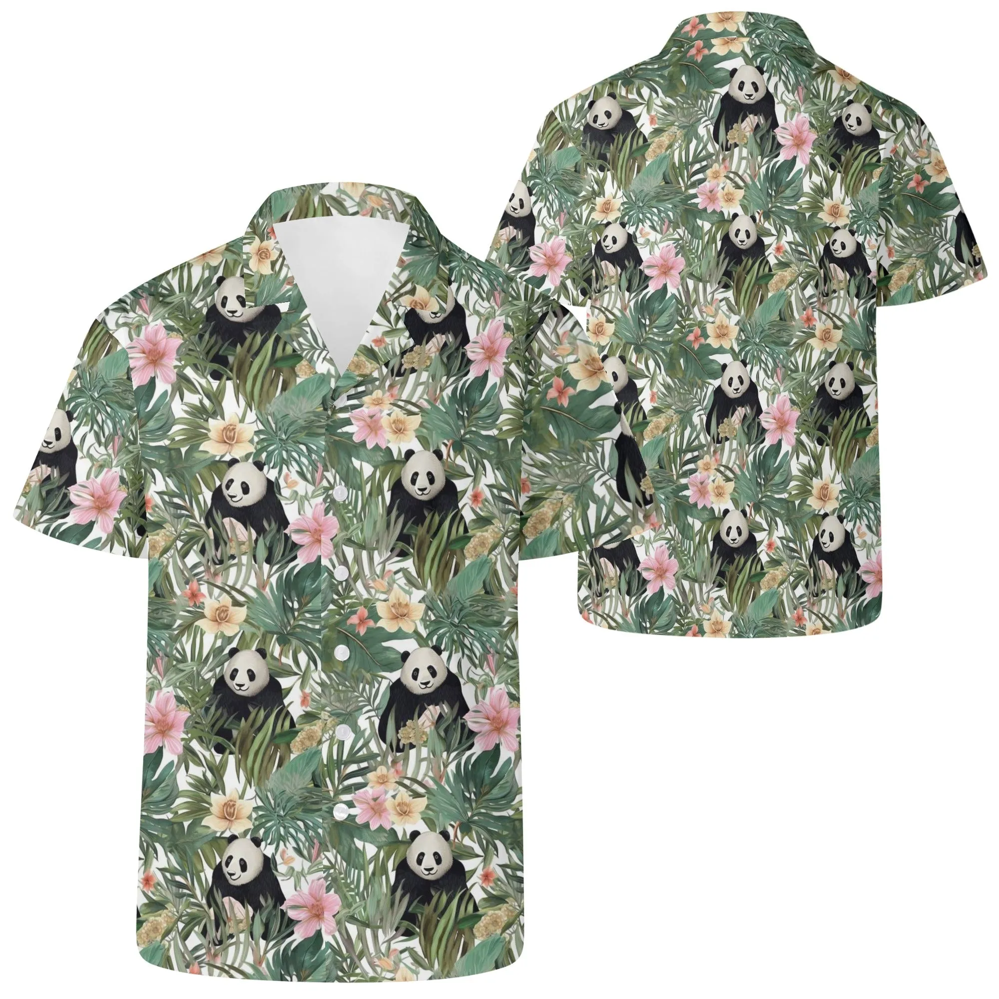 Panda Men Hawaiian shirt, Bamboo Leaves Flowers Print Vintage Retro Summer Hawaii Aloha Tropical Beach Plus Size Cool Button Up Shirt