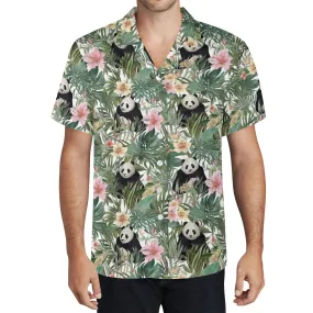 Panda Men Hawaiian shirt, Bamboo Leaves Flowers Print Vintage Retro Summer Hawaii Aloha Tropical Beach Plus Size Cool Button Up Shirt