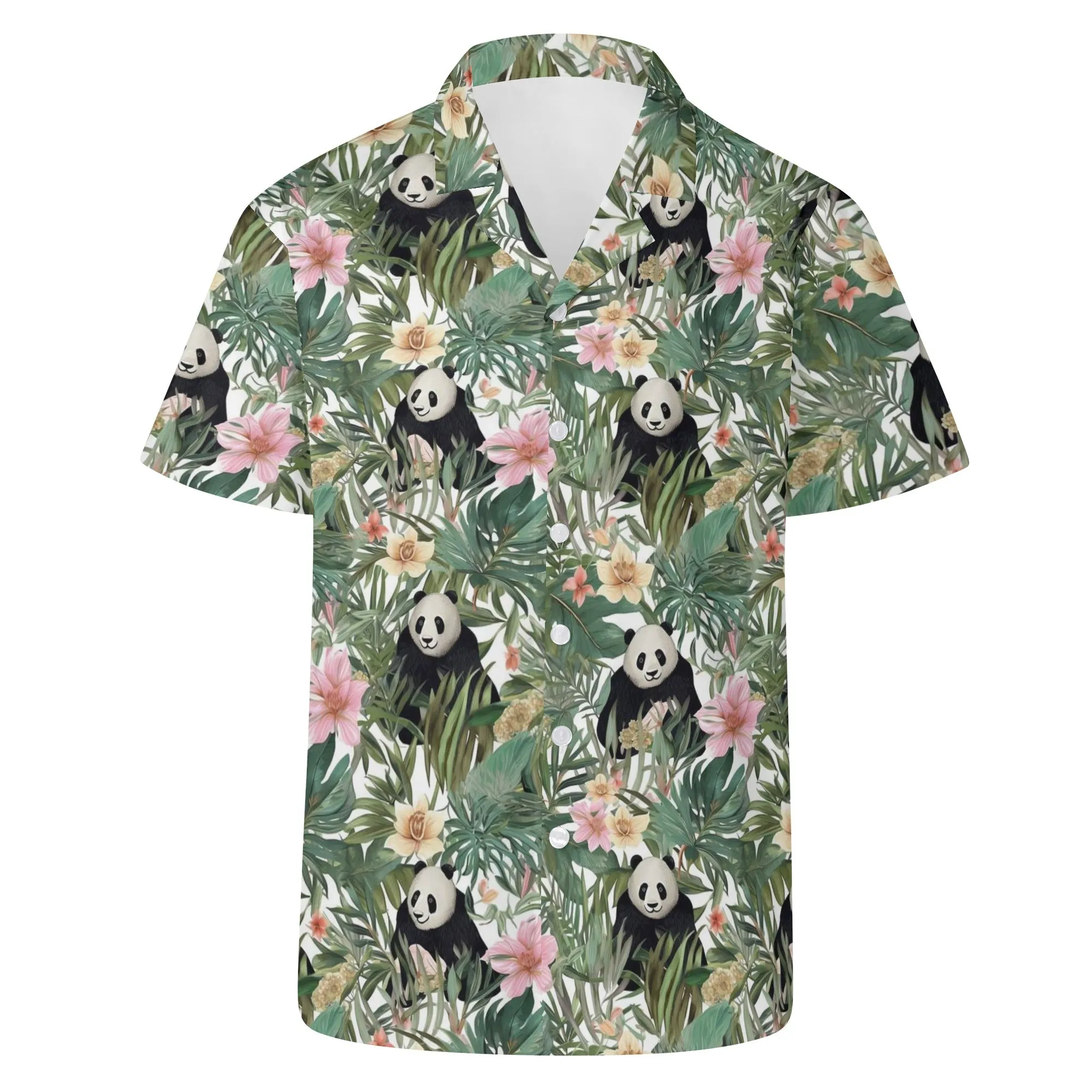 Panda Men Hawaiian shirt, Bamboo Leaves Flowers Print Vintage Retro Summer Hawaii Aloha Tropical Beach Plus Size Cool Button Up Shirt