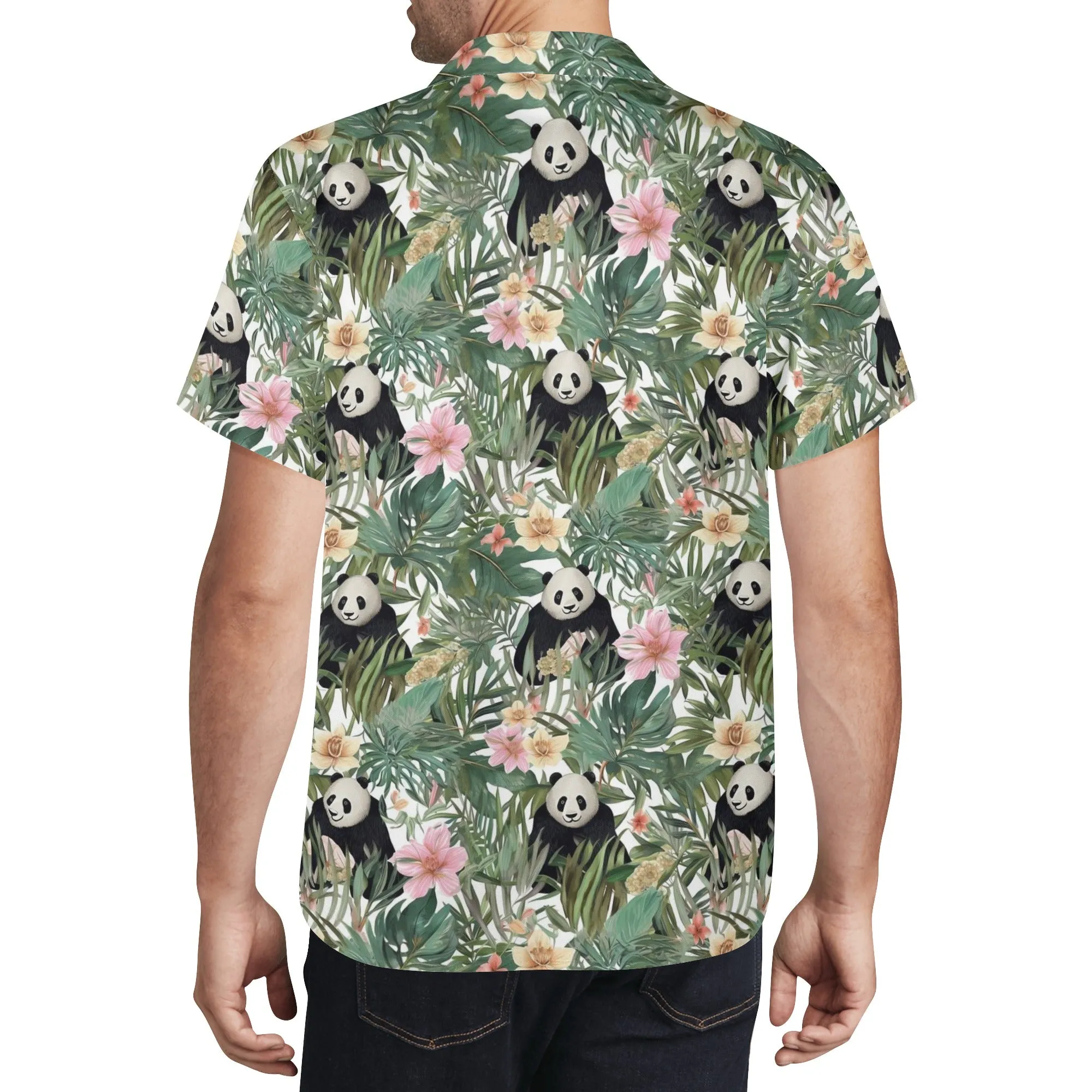 Panda Men Hawaiian shirt, Bamboo Leaves Flowers Print Vintage Retro Summer Hawaii Aloha Tropical Beach Plus Size Cool Button Up Shirt