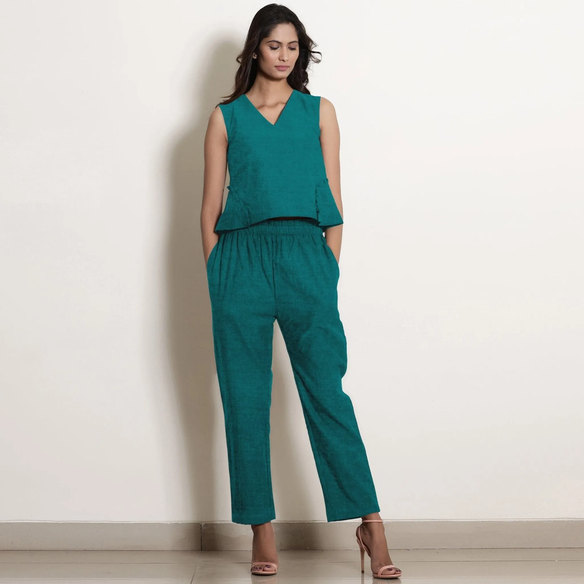 Pine Green 100% Linen V-Neck Frill Godet Top