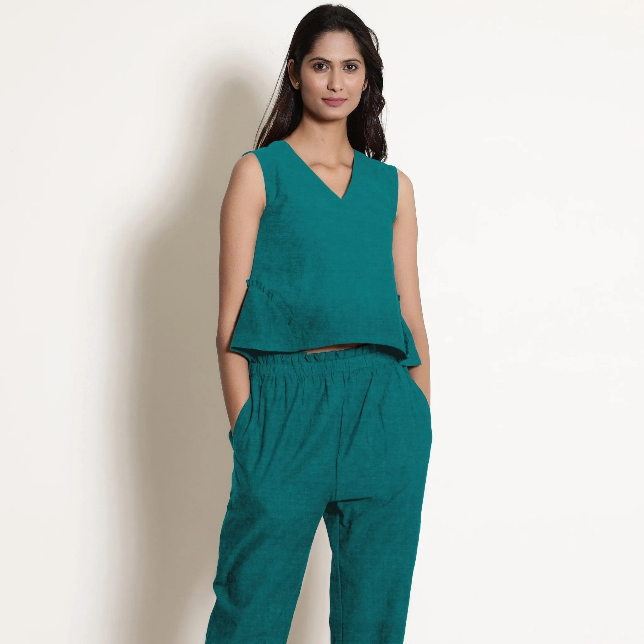 Pine Green 100% Linen V-Neck Frill Godet Top