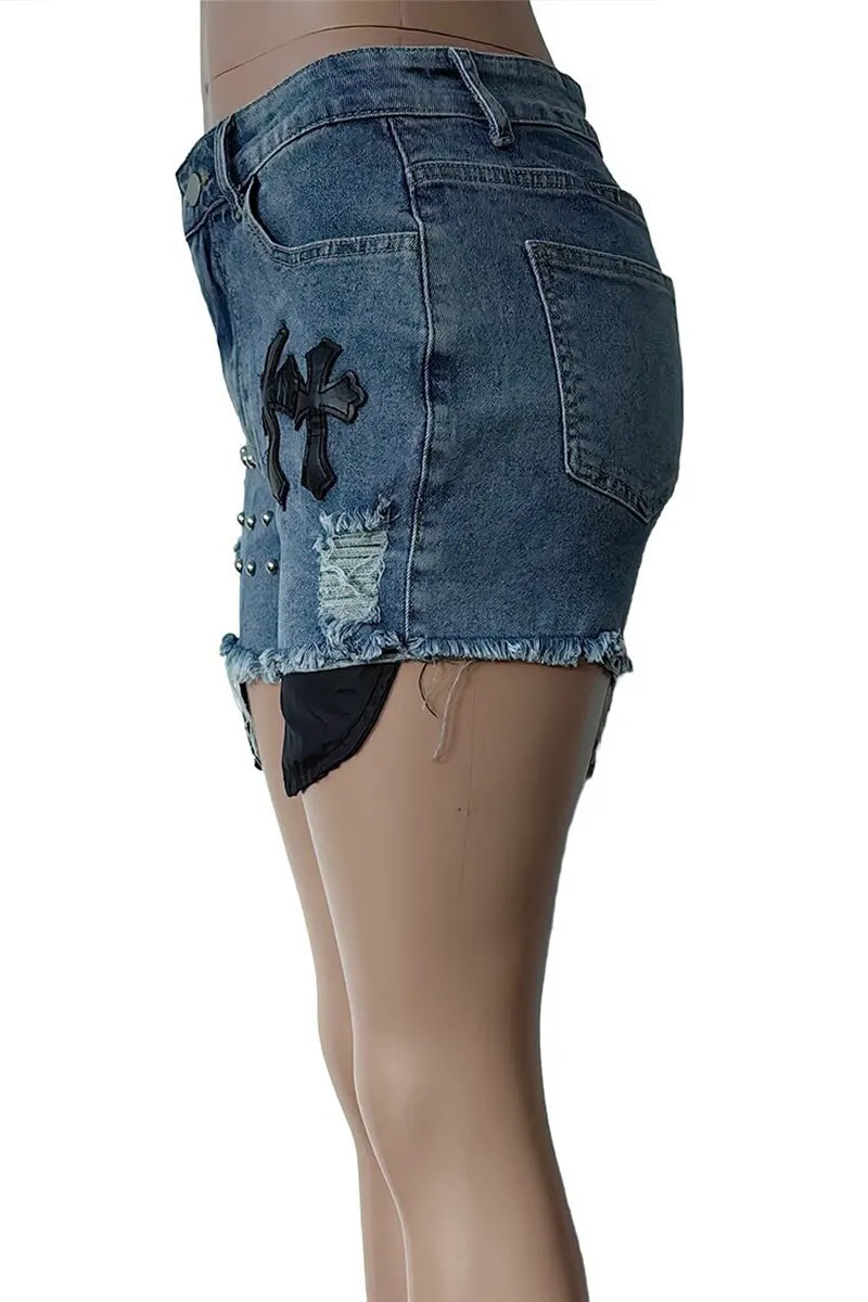 PK0149 Studded Stretch Denim Shorts