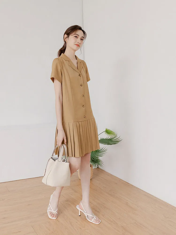 Pleated Button Short Mini Shirt Dress