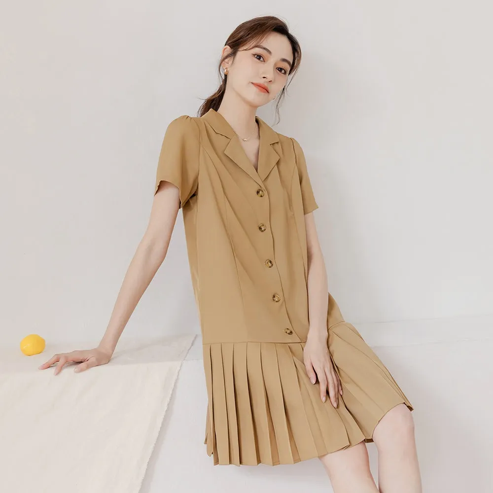 Pleated Button Short Mini Shirt Dress