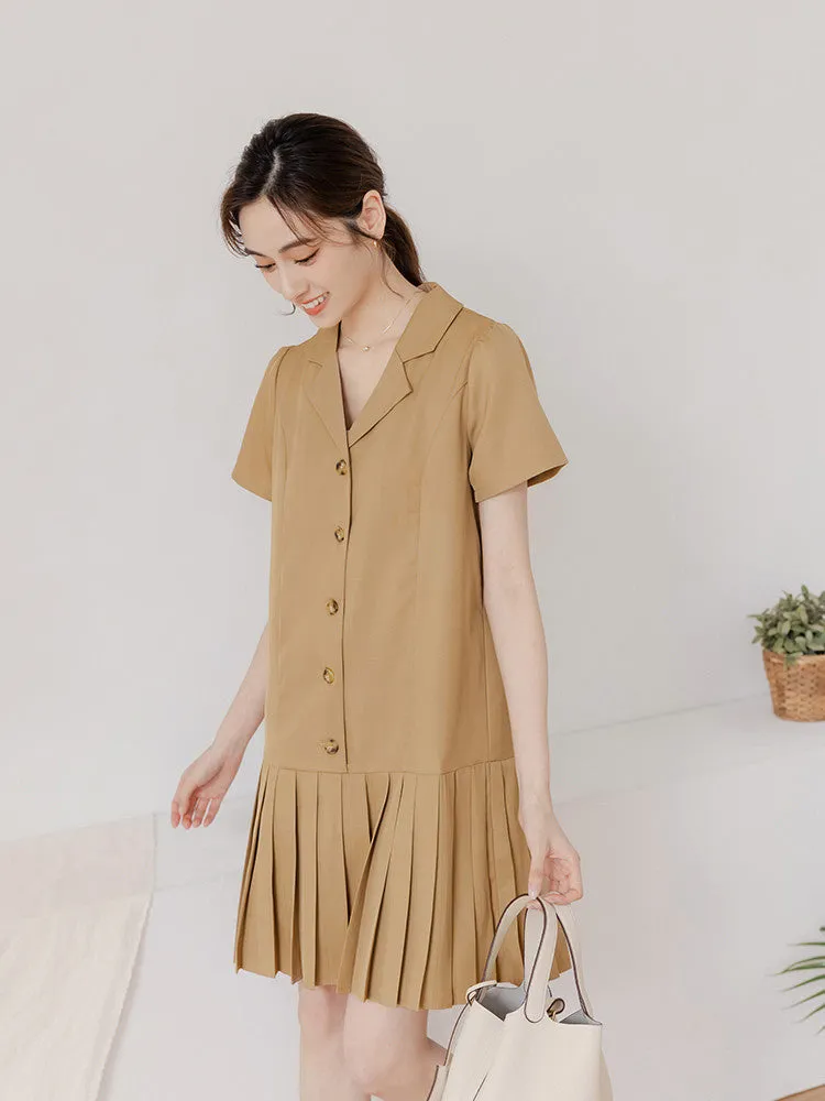 Pleated Button Short Mini Shirt Dress