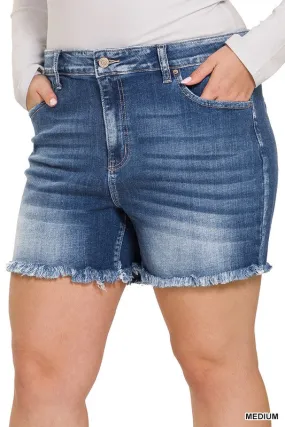 PLUS MID RISE RAW FRAYED HEM DENIM SHORTS