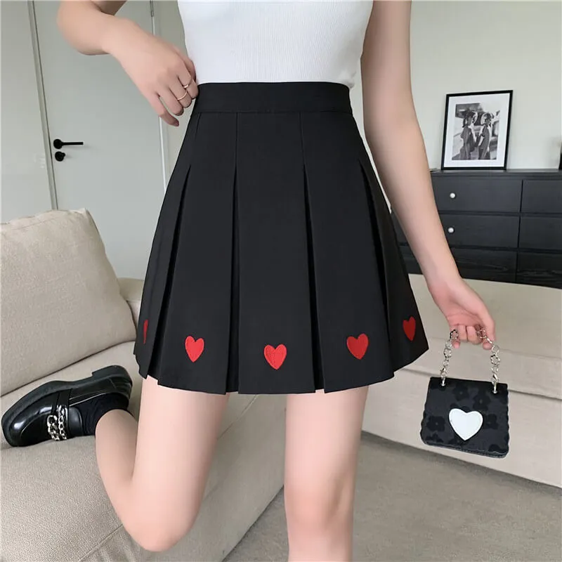 [Plus size] Kawaii aesthetic heart embroidery A-line pleated skirt