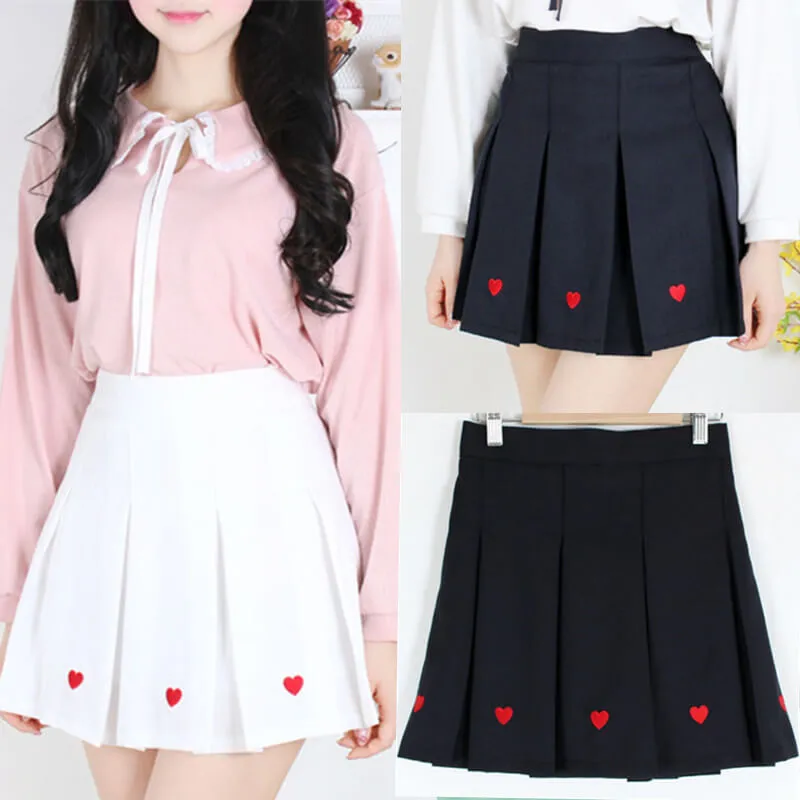 [Plus size] Kawaii aesthetic heart embroidery A-line pleated skirt