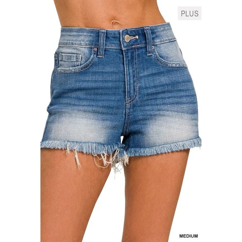 Plus Size Mid Rise Raw Frayed Hem Denim Shorts