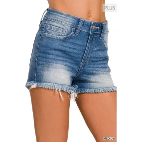 Plus Size Mid Rise Raw Frayed Hem Denim Shorts