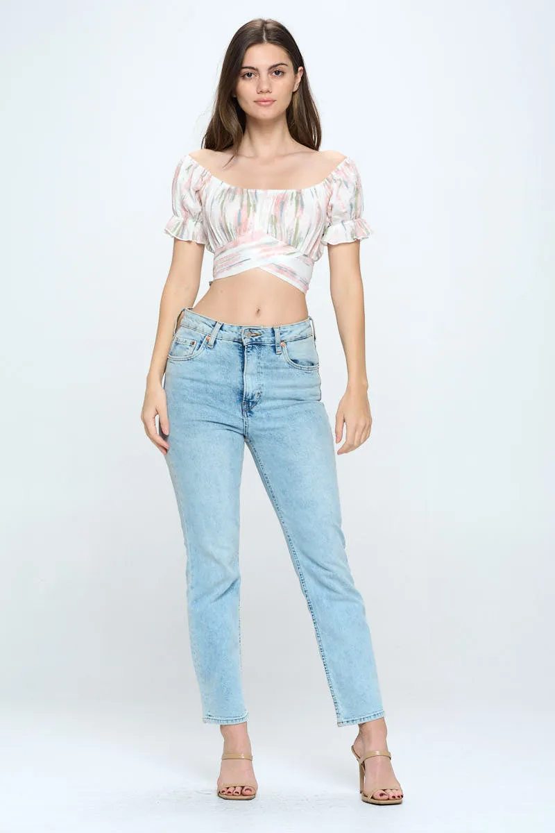 Printed scoop neck puff sleeve tie back crop top