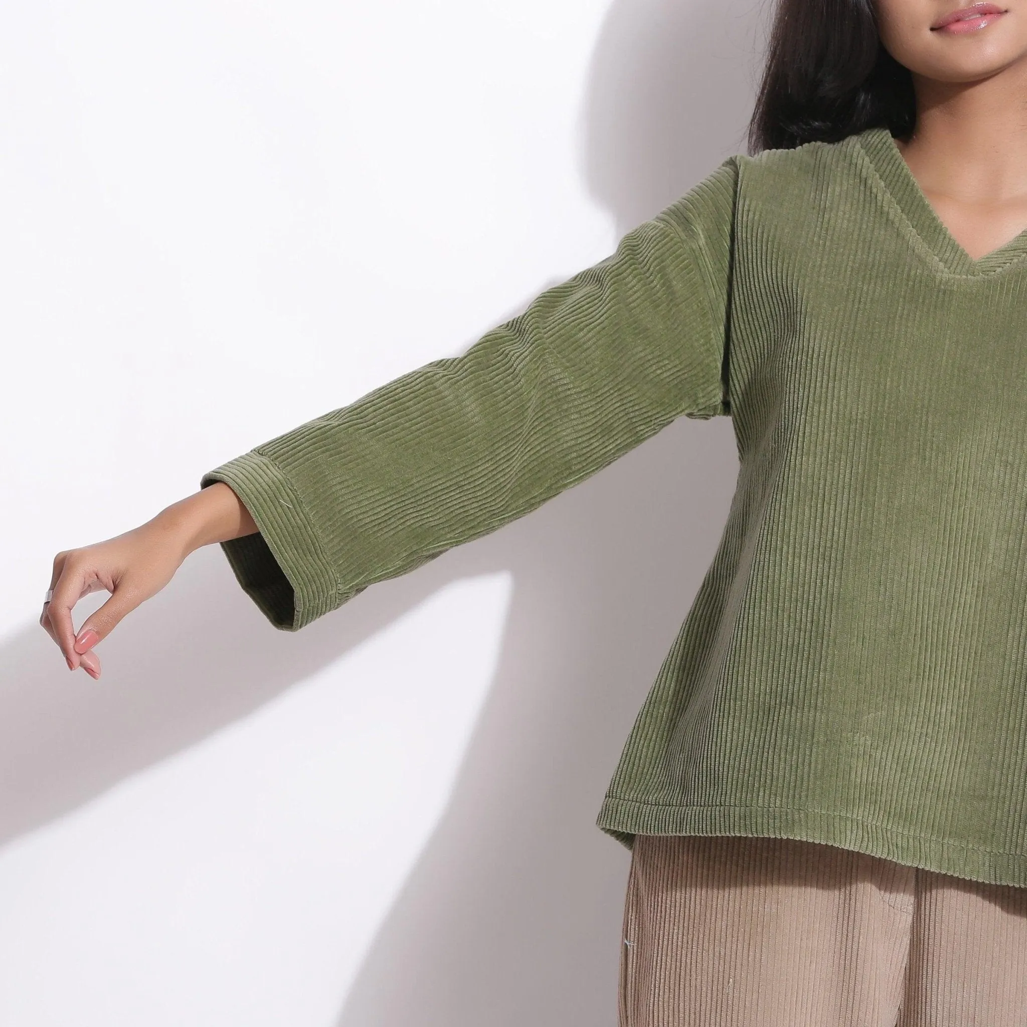 Sage Green Warm Cotton Corduroy V-Neck Top