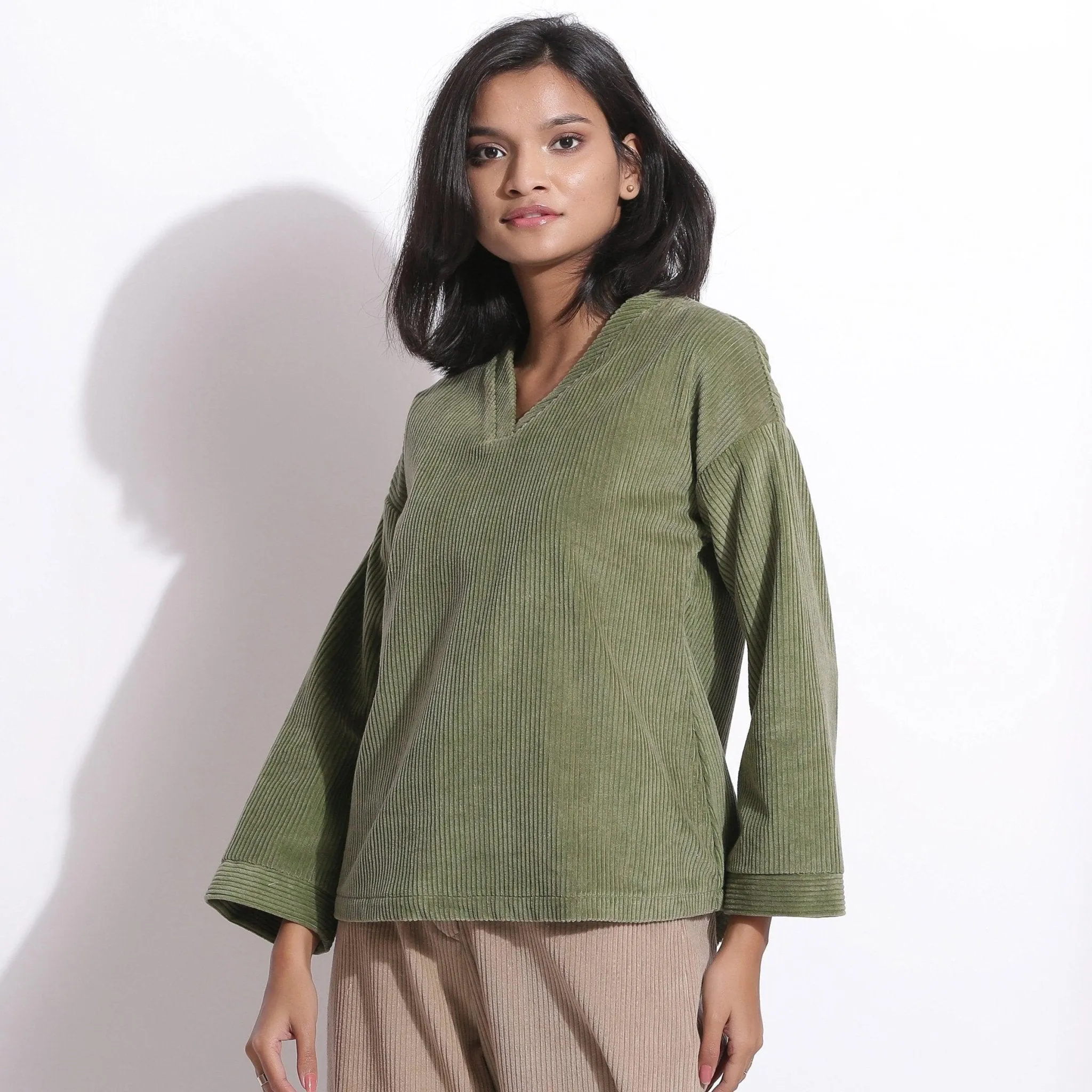 Sage Green Warm Cotton Corduroy V-Neck Top