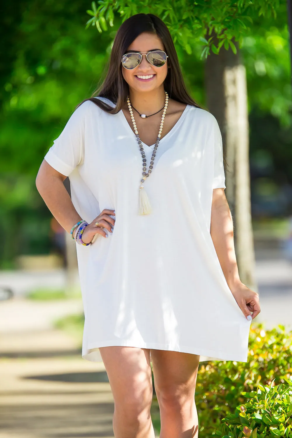 SALE-The Perfect Piko Short Sleeve V-Neck Tunic-Off White