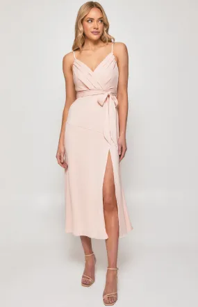 Satin Midi Dress with Pleated Front Detail and Split