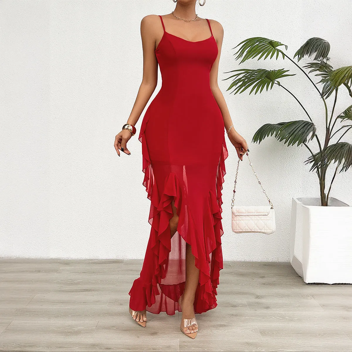 Sexy V-Neck Ruffled Sling Mesh Dresses Wholesale Womens Clothing N3824072000204