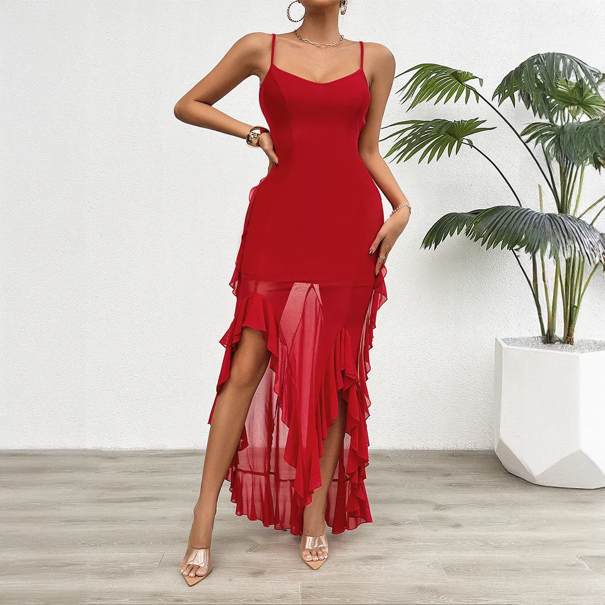 Sexy V-Neck Ruffled Sling Mesh Dresses Wholesale Womens Clothing N3824072000204