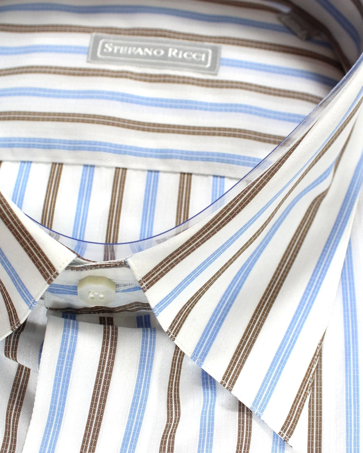 Stefano Ricci Short Sleeve Shirt White Blue Brown Stripes Pattern XXL / 43 -17 SALE