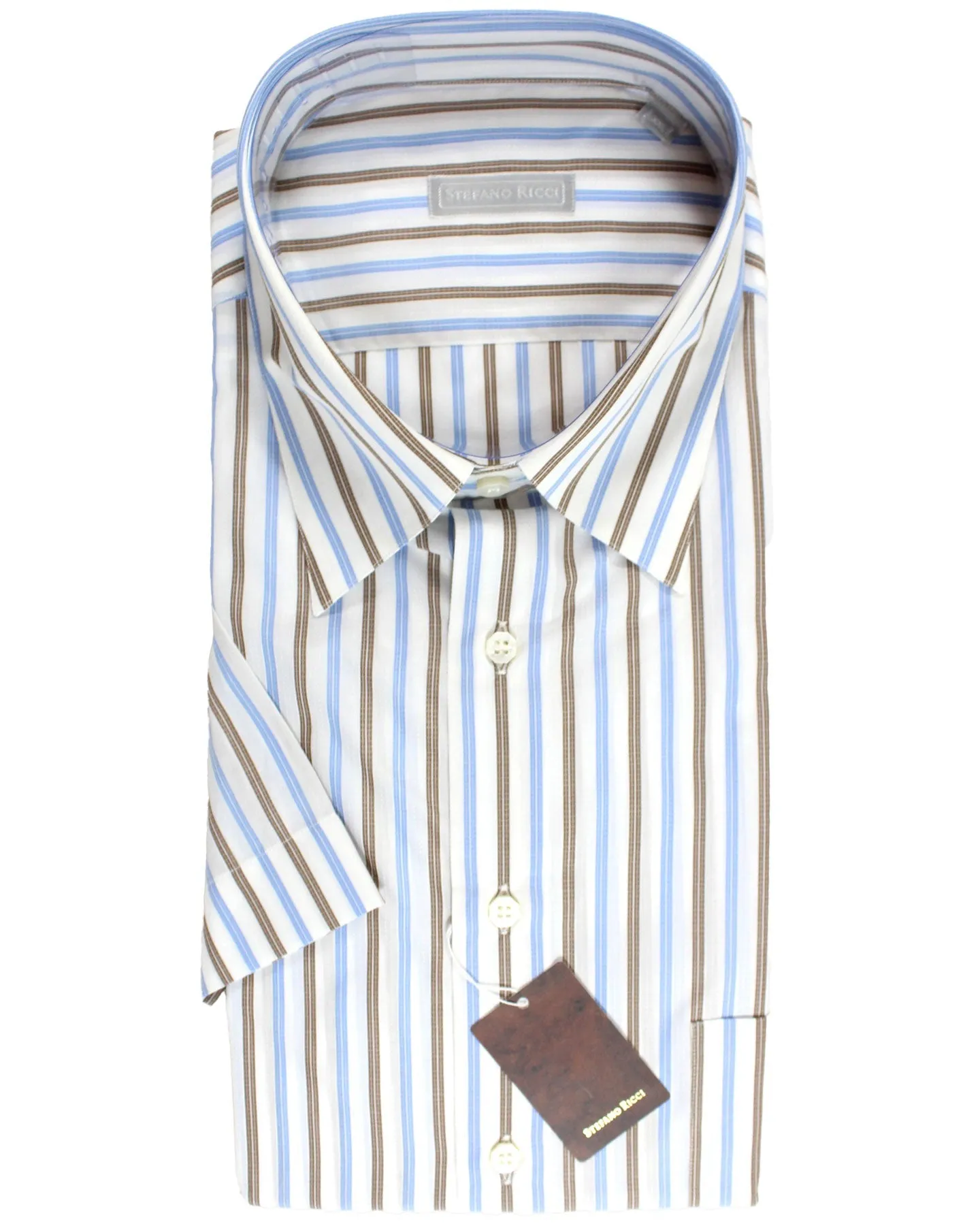 Stefano Ricci Short Sleeve Shirt White Blue Brown Stripes Pattern XXL / 43 -17 SALE