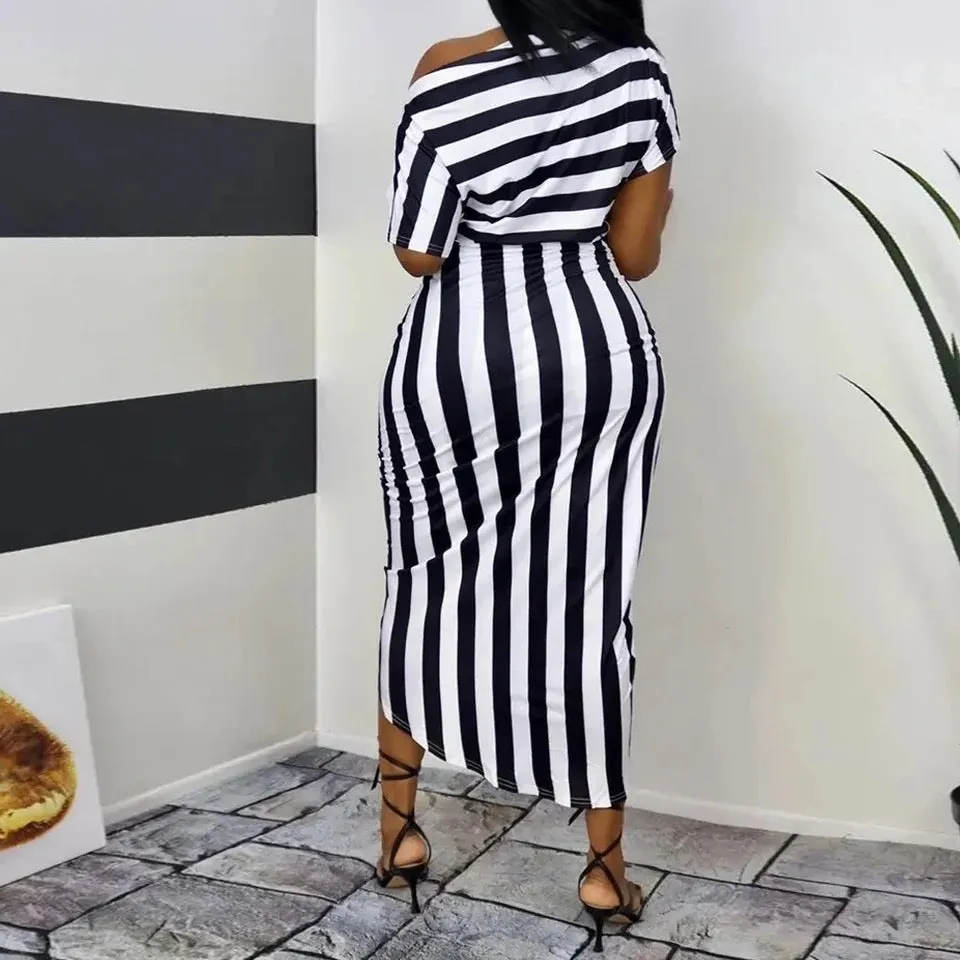 Striped off shoulder ruched dress in black