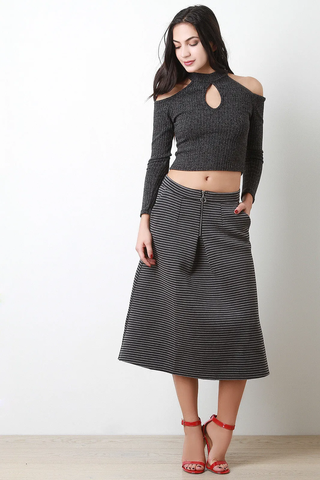 Striped Scuba A-Line Midi Skirt