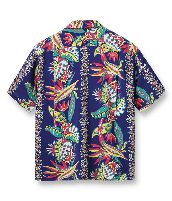 Sugarcane Sun Surf short sleeve Hawaiian shirt - Bird Of Paradise and Monstera - Navy