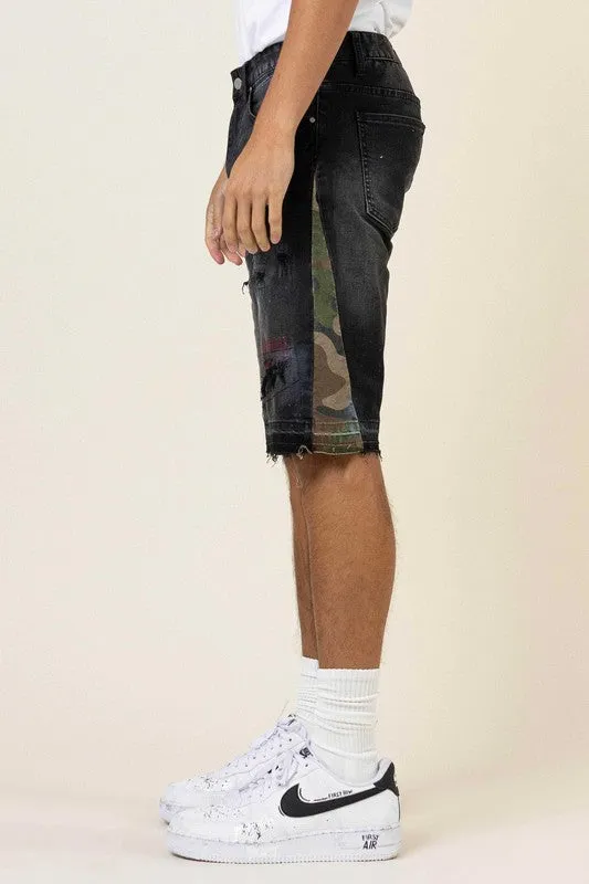 TEEK - Black Camo Paneled Released Hem Denim Shorts