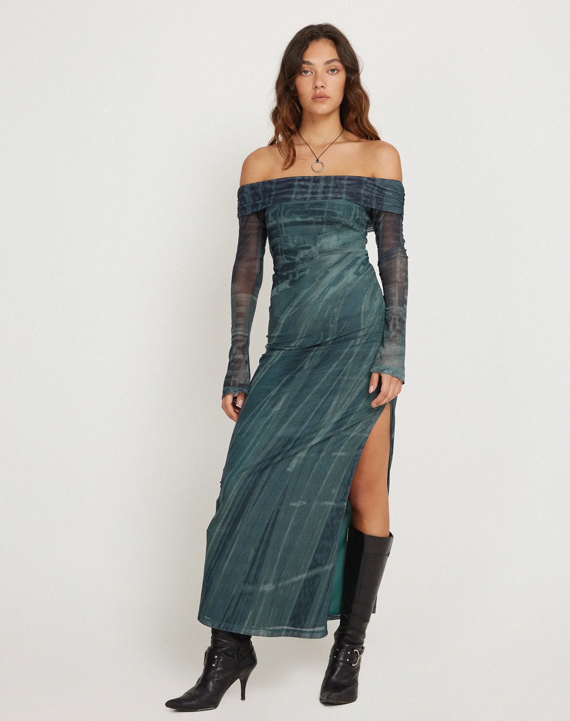 Terra Bardot Midi Dress in Cityscape Green