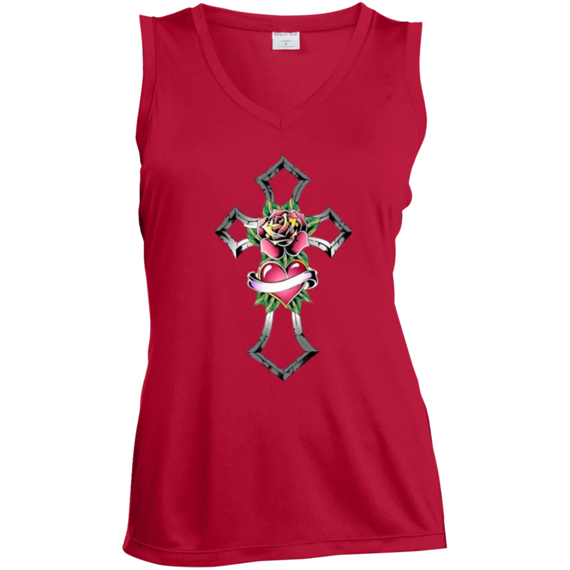 Tribal Rose with Heart Emblem Ladies' Sleeveless V-Neck Performance Tee