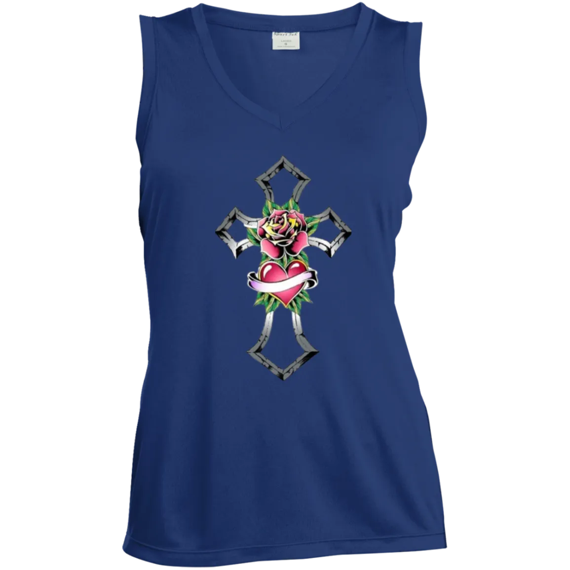 Tribal Rose with Heart Emblem Ladies' Sleeveless V-Neck Performance Tee